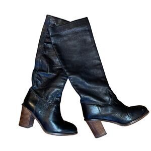 Seychelles Obsidian Black Round Toe Leather Knee High Boots Block Heel Women
